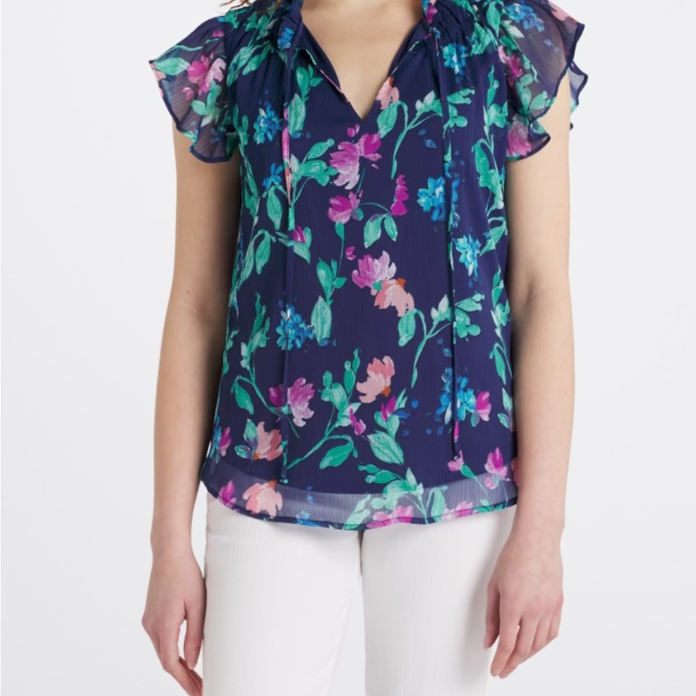 Fortune and Ivy Blue and Purple Flutter Sleeve Ruffled Blouse